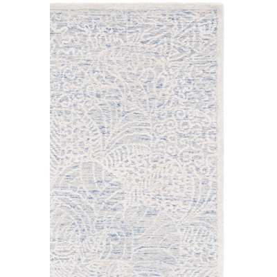 Tapis bleu / ivoire en coton / laine / coton touffeté à la main Gorete