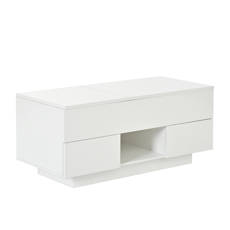 White High Gloss Lift Top Coffee Table With LED Lights and 2 Drawers For Living Room, White / Does Not Apply, White