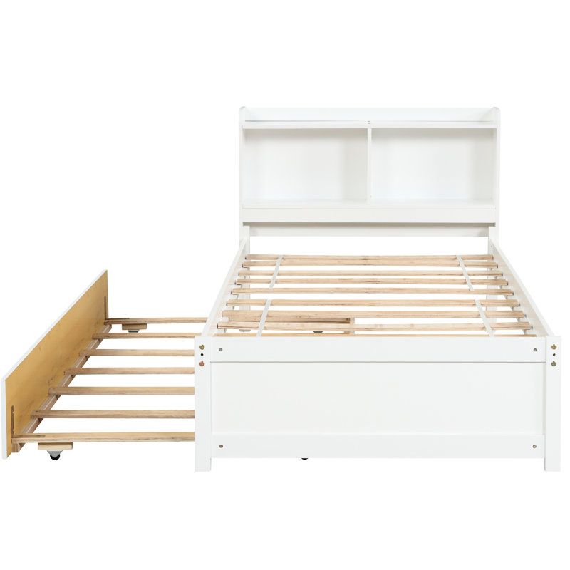 Lit simple avec bibliothèque et lit gigogne en blanc - Compartiments de rangement élégants, Lit simple, Blanc