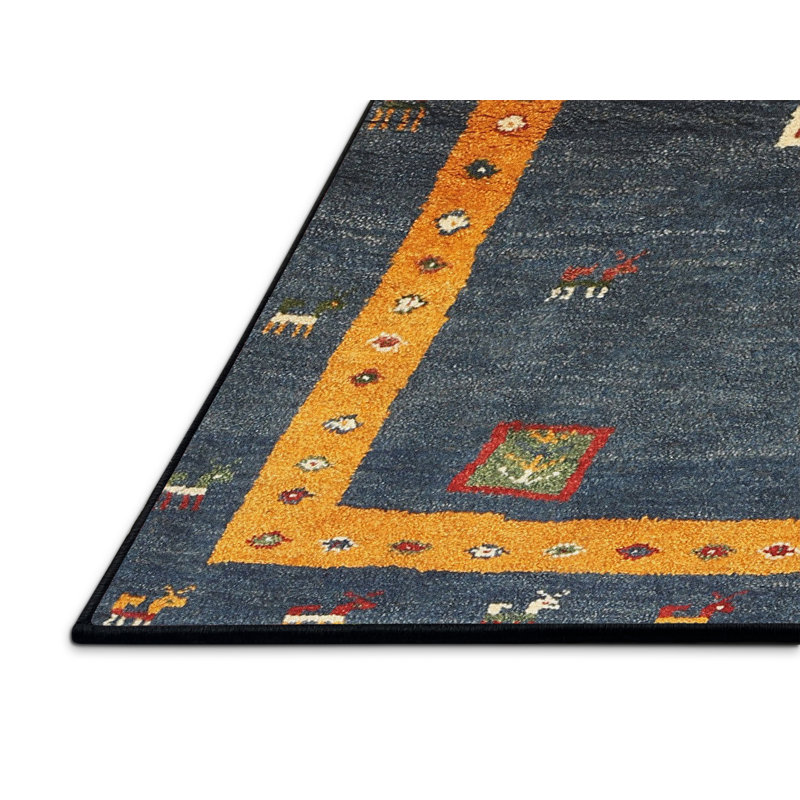 Tapis contemporain bleu / jaune, Rectangle 7 pi x 10 pi