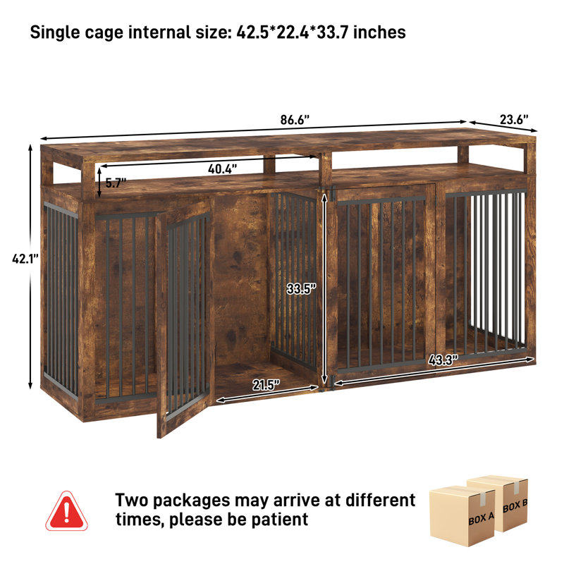 Meuble de 86,6 po pour 2 chiens, cage de chien en bois avec panneau de séparation et tablette de rangement ouverte, double cage robuste, meuble télé pour chien