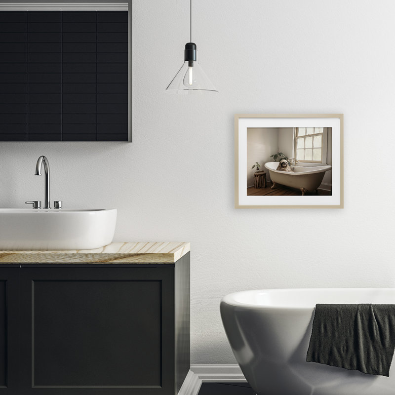 «Soft Sloth Bath Time», reproduction sous verre encadrée, design par Sasha, H 13 po x l 16 po, Cadre de récolte en pin