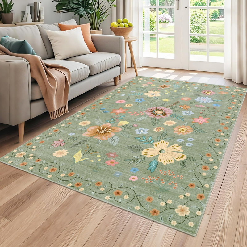 Tapis lavable 5 x 7 po Boho, Rectangle 5 pi x 7 pi, Vert