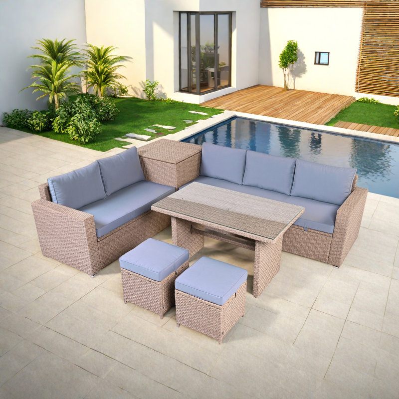 6-piece All Weather Pe Rattan Sofa Set With Adjustable Seat, Storage Box, Removable Covers And Tempered Glass Top Table