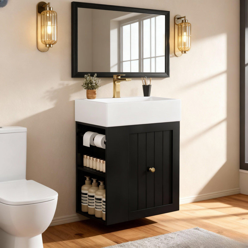 Lioravelle 20 Inch Space-Saving Bathroom Vanity, Ceramic Top, Black, 20