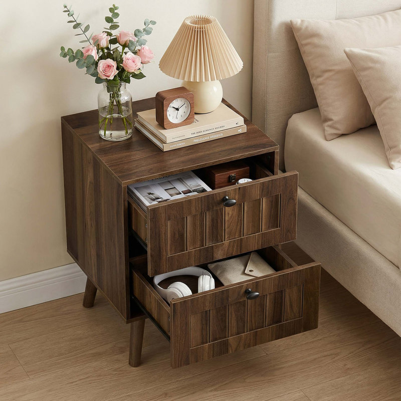 Table de chevet à deux tiroirs avec pieds en bois massif Retro Modern