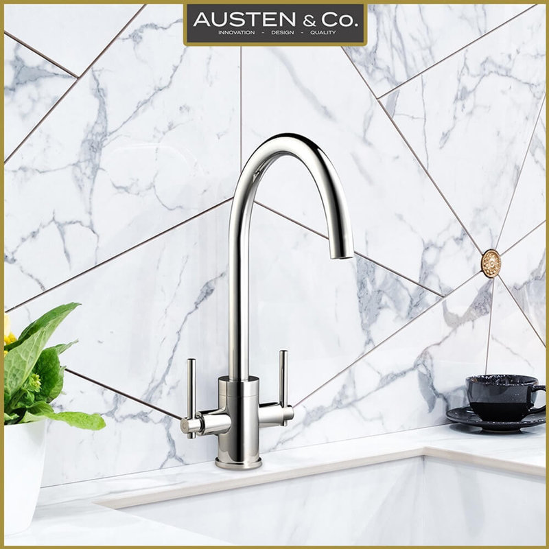 Austen & Co. Ronda Brushed Chrome Kitchen Mixer Tap. Twin Lever Handle, Water Saving Aerator, 360 Degree Spout, Chrome