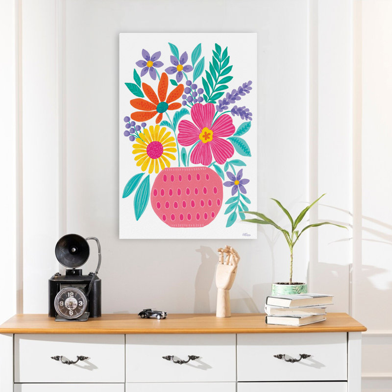 Fleurs roses en pot - Art populaire campagnard moderne, peinture florale, fleurs vives, style bohème, H 24 po x l 16 po