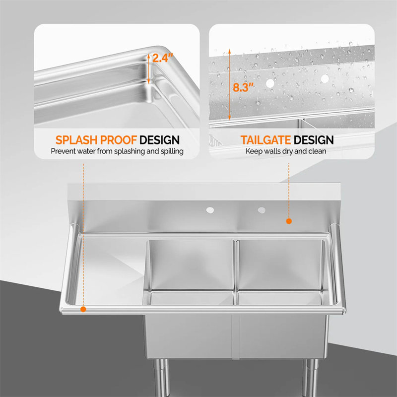 43" 2 Compartment Stainless Steel Sink With Left Side Drainboard