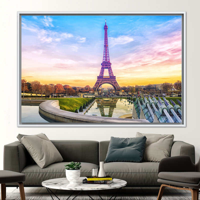 Art sur toile, tour Eiffel, coucher de soleil, H 12 po x l 16 po, Impression encadrée flottante sans passe-partout, Blanc