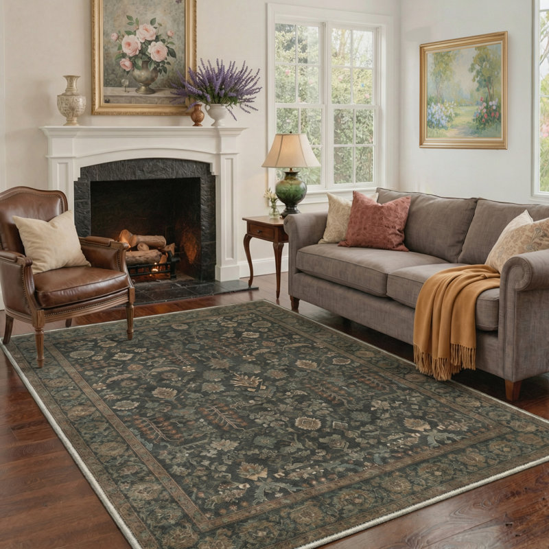 Tapis d'intérieur gris / vert Agacha, Rectangle 5 pi x 7 pi