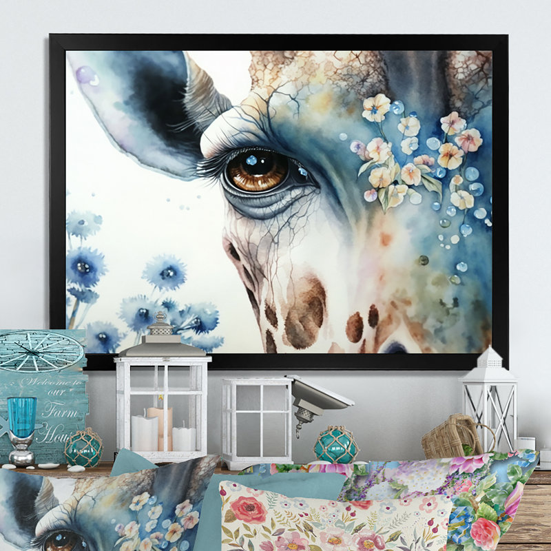 Portrait de girafe avec fleurs I - reproduction sur toile, L 20 po x H 12 po, Impression noire sur toile encadrée