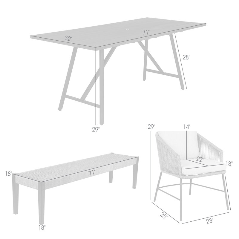 Ketlin Rectangular Outdoor Dining Set in Dark Eucalyptus Wood and Gray Rope and Cushions, 1 Table, 4 Chairs, 1 Bench
