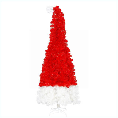 Vibrant Red and Crisp White Artificial Christmas Tree Indoor Holiday Decor Vinyl 6FT Pre-Lit Novelty Santa Hat Shape