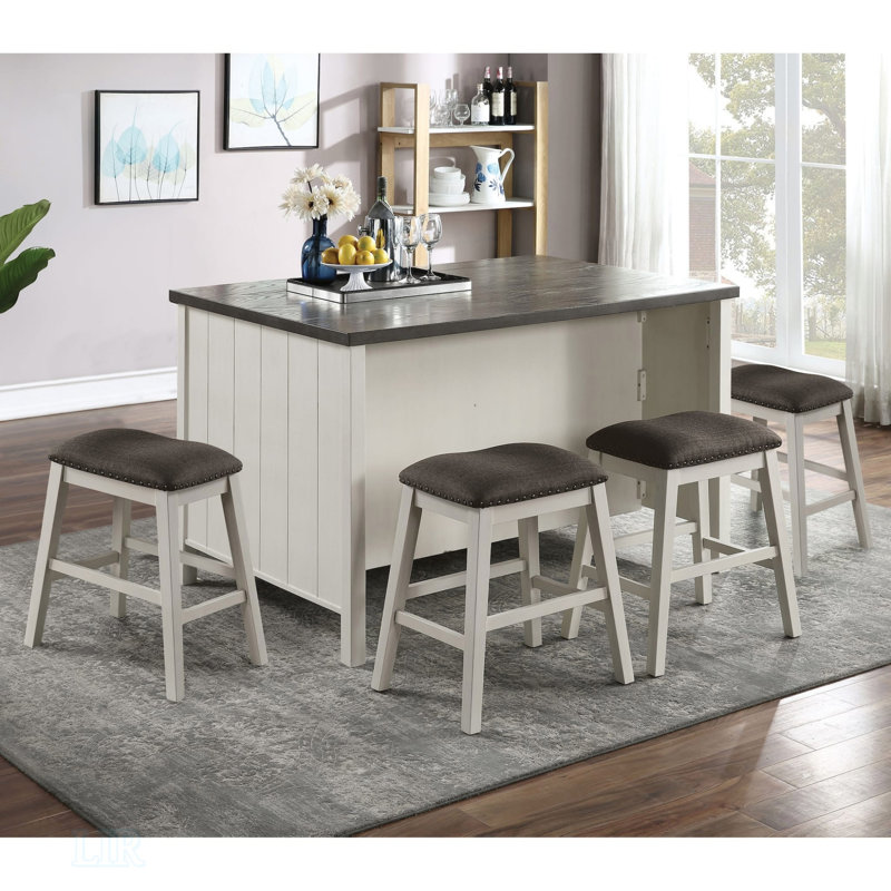 Ensemble de salle à manger à hauteur de comptoir 5 pièces de style transitionnel avec tablettes de rangement et table en bois, idéal pour les intérieurs modernes et classiques.