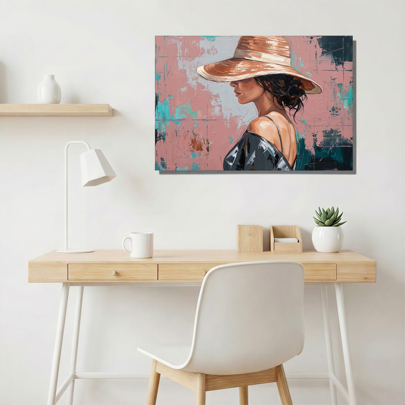 Femme au chapeau de paille sur fond rose et turquoise abstrait - Tableau sur toile, 28"H x 40"W