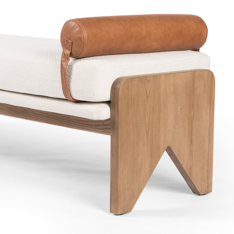 White Upholstered Bench with Ash Base and Leather Bolster