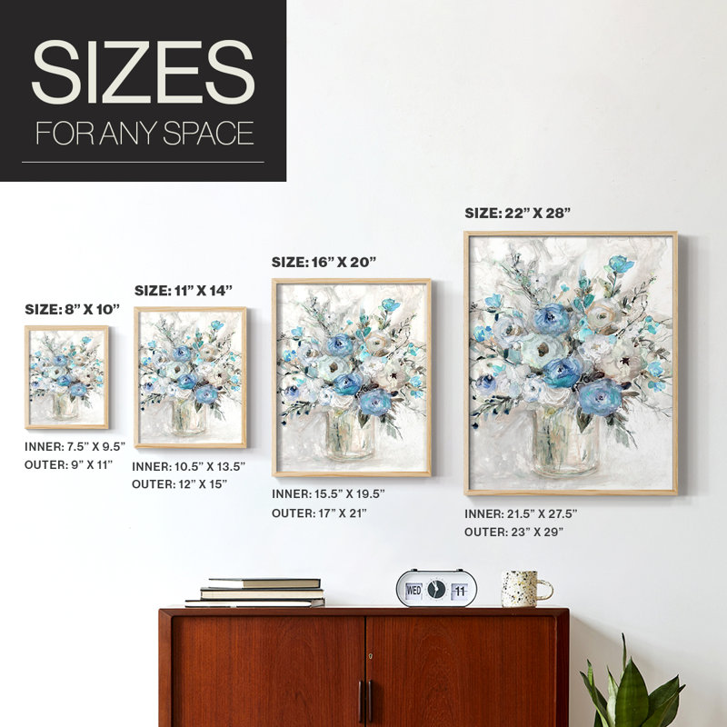 «Blue Contemporary Bouquet», reproduction encadrée - bois massif, Naturel, H 11 po x l 9 po