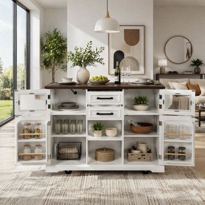 Farmhouse Kitchen Island with Cross Barn Doors, Power Outlet, and Storage