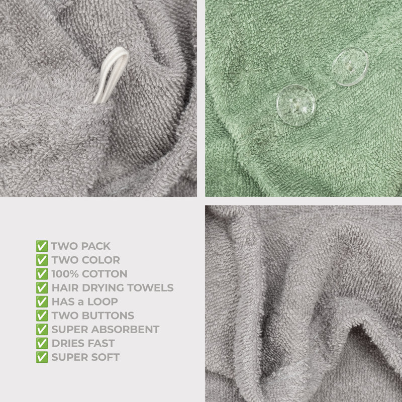 100% Cotton Hair Towels, Hair Turban Towel Wrap Long Curly Hairs, Light Gray/Sage Green