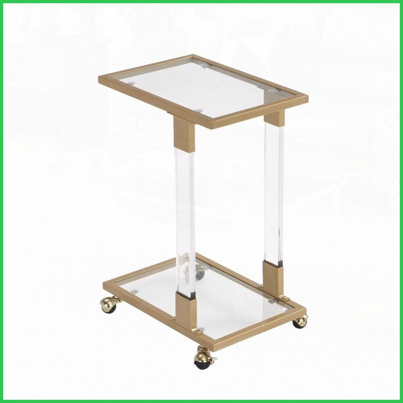 Table basse moderne en forme de C en verre trempé pour la maison Bureau, facile à nettoyer grâce aux roulettes verrouillables