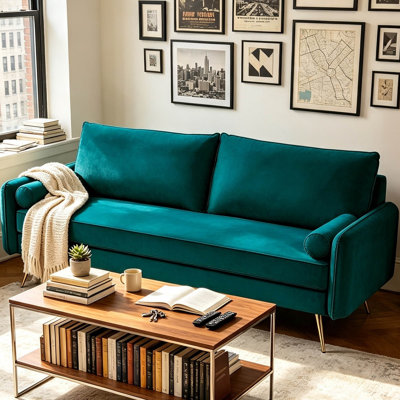 70-inch Mid-Century Velvet 3-Seater Sofa with Nailhead Trim, Upholstered Couch with Gold Metal Legs for Living Room, Teal Blue