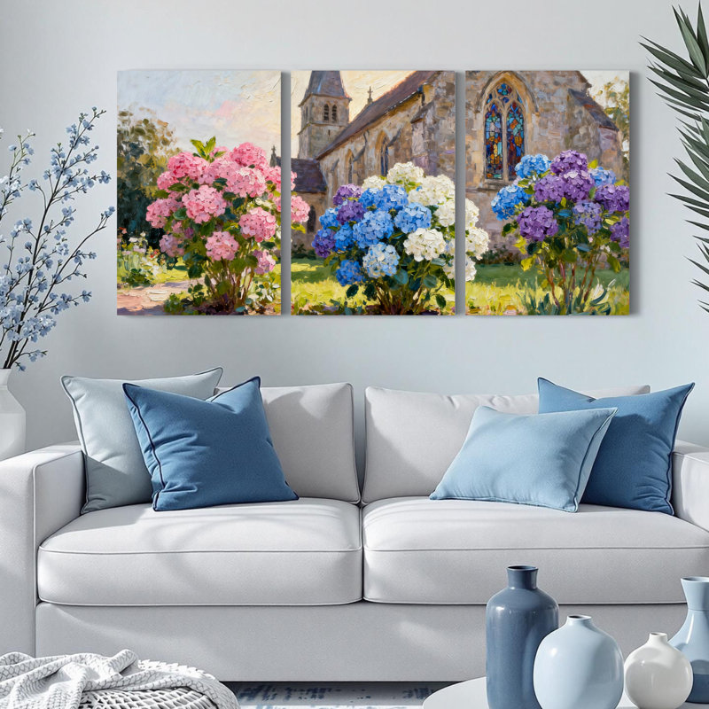 Ensemble de 3 tableaux sur toile tendue représentant des hortensias et une église, H 36 po x l 72 po