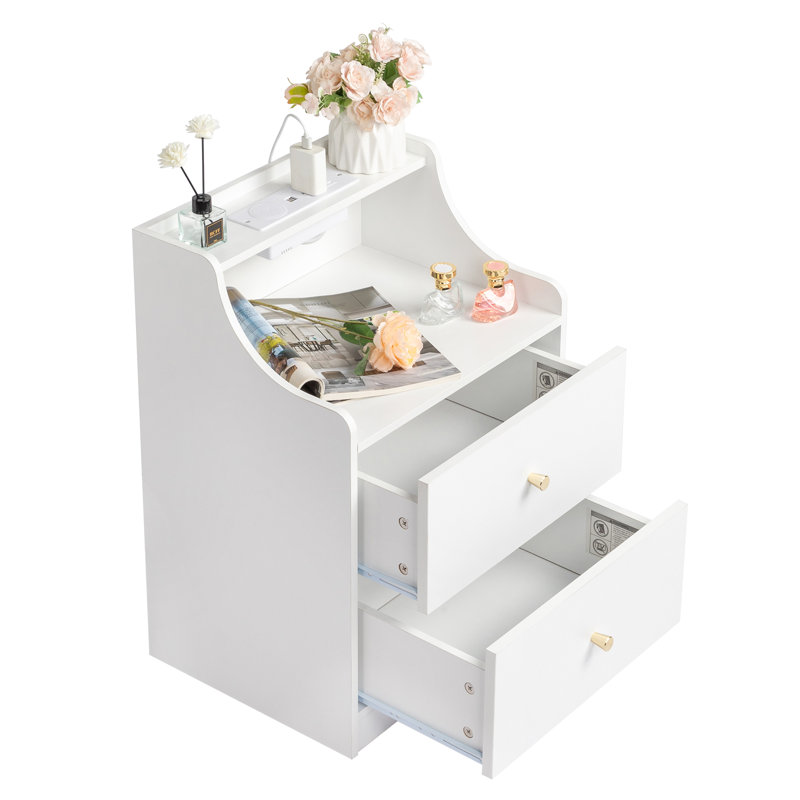 Table de chevet 2 tiroirs avec port USB, Blanc