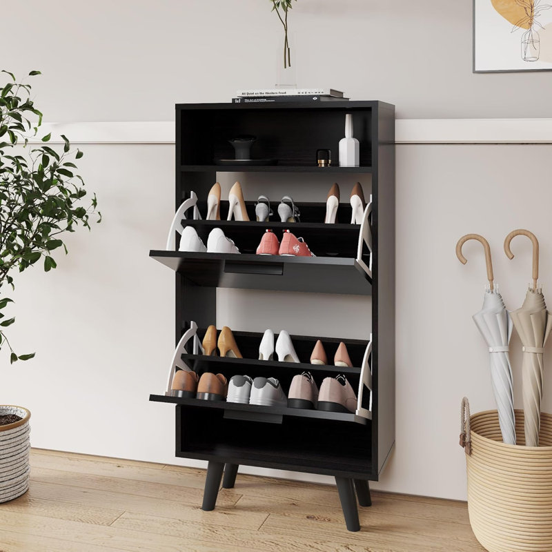 Corrigan Studio® Shoe Cabinet, Freestanding Shoe Rack With 2 Flip Drawers And Legs FSSR013, Obsidian Wood