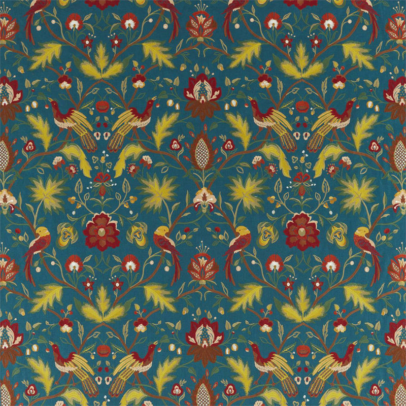 Oiseaux de Paradis Embroidery Fabric, Prussian Blue