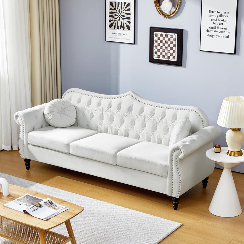 82" Three Seater Leather Sofa, Chesterfield Sofa, Mid-Century Modern PU Upholstered Sofa Couch, Deep Button Tufted Living Room Sofa with Two Throw Pillows