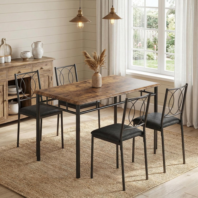 Farmhouse Dining Table Set for 4, Wood Table with Upholstered Chairs, Space-Saving, Brown, Brown