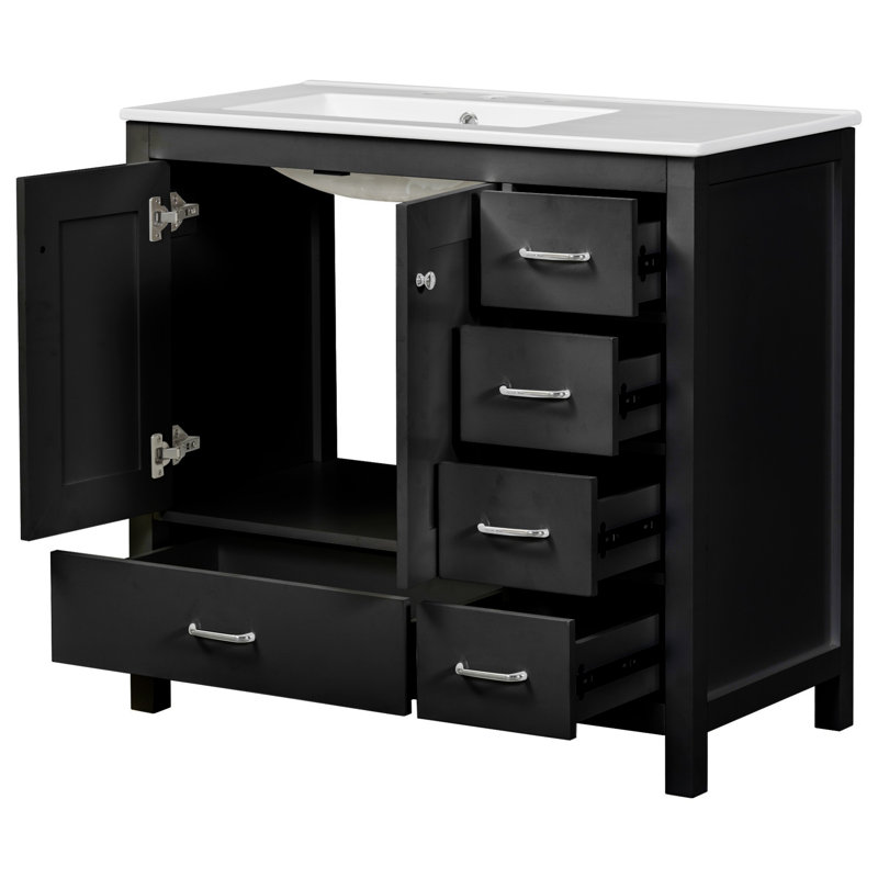 Meuble-lavabo de salle de bain avec lavabo en céramique, armoire de rangement avec 2 portes à fermeture douce et 5 tiroirs