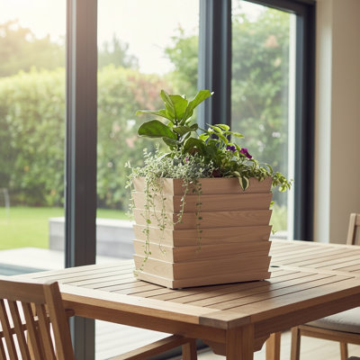Ash Brown Tall Rectangular Ridge Box Planter, Lightweight Aluminum, Wood - Tone Finish, Pre Cut Drainage And Adjustable Planting Depth Planter Tall, Crafted From