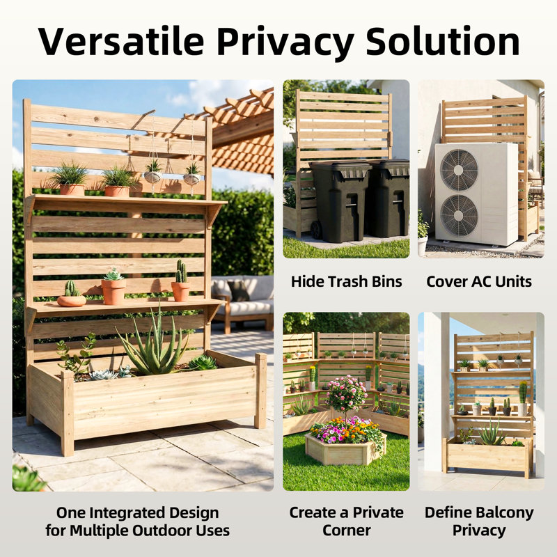 Cloison d'intimité d'extérieur avec pot de fleurs, H 72,8 po x l 26 po x P 47,2 po, cloison de patio autoportante en bois massif avec tablette à 2 niveaux, naturel