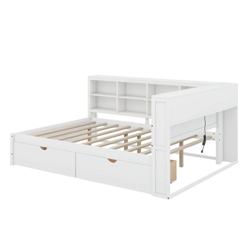 Wooden Full Daybed With 2 Drawers, Shelf And USB Charging Ports, White