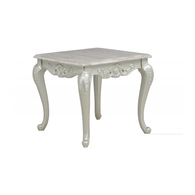 Table de bout traditionnelle en faux marbre avec sculptures ornées et pieds cabriole en blanc antique