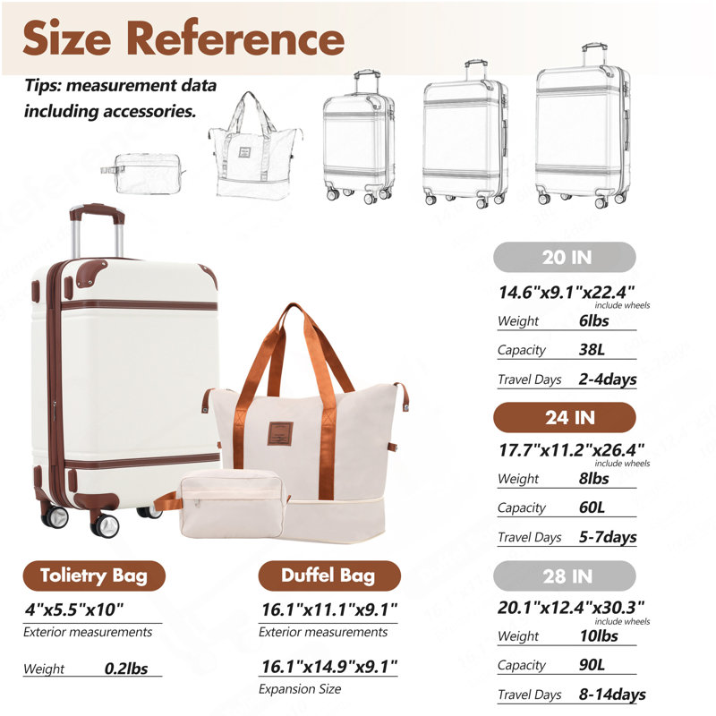 Ensembles de valises rigides avec sacs Valise légère à roulettes doubles avec verrou TSA, valise simple 24 po, blanc