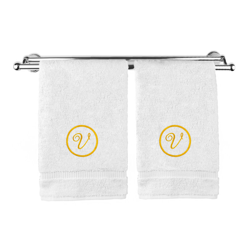 Essuie-mains monogramme - ensemble de 2 - lettre à motif circulaire, V, Blanc / Doré