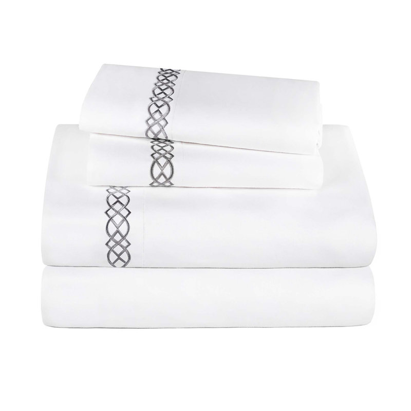 Infinity Scroll Embroidered Certified Egyptian Cotton 1000 Thread Count Bed Sheet Set, White/Charcoal