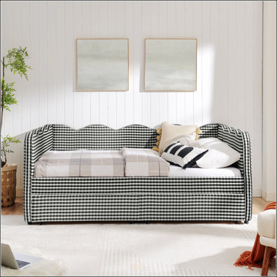 Grand lit de jour en vichy confortable avec deux tiroirs de rangement, port USB et adorable tissu en forme de vague