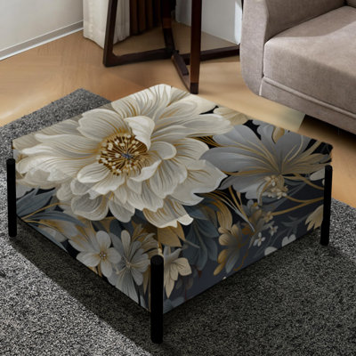 Grand repose-pieds carré floral à motif floral gris neutre Elegance