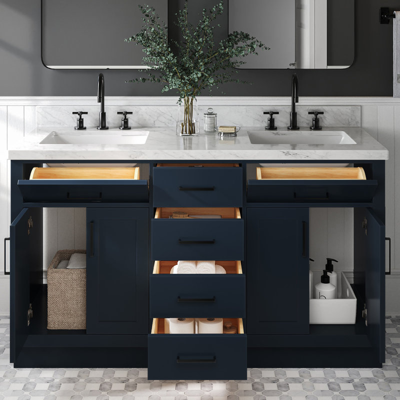 Tidworth Solid Wood Double Bathroom Vanity with 1.5'' Carrara Marble Top, Rectangular, Midnight Blue / Matte Black