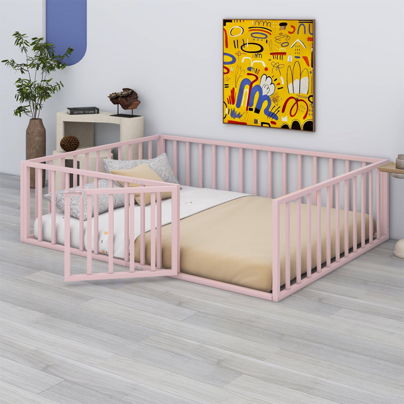Metal Floor Bed Frame With Fence And Door, Black, Full
