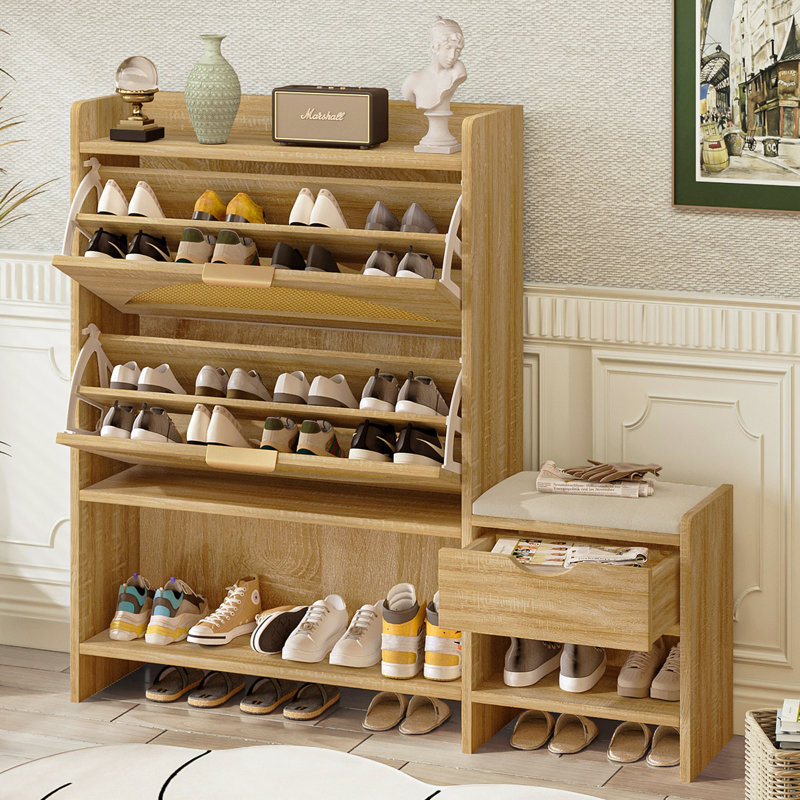 Armoire de rangement pour chaussures en rotin de 47,2 po avec 2 tiroirs rabattables, un tiroir de rangement et un banc pour l'entrée et le couloir
