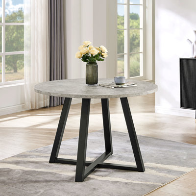 Edo Contemporary Round Dining Table, Trestle Base, Gray Finish