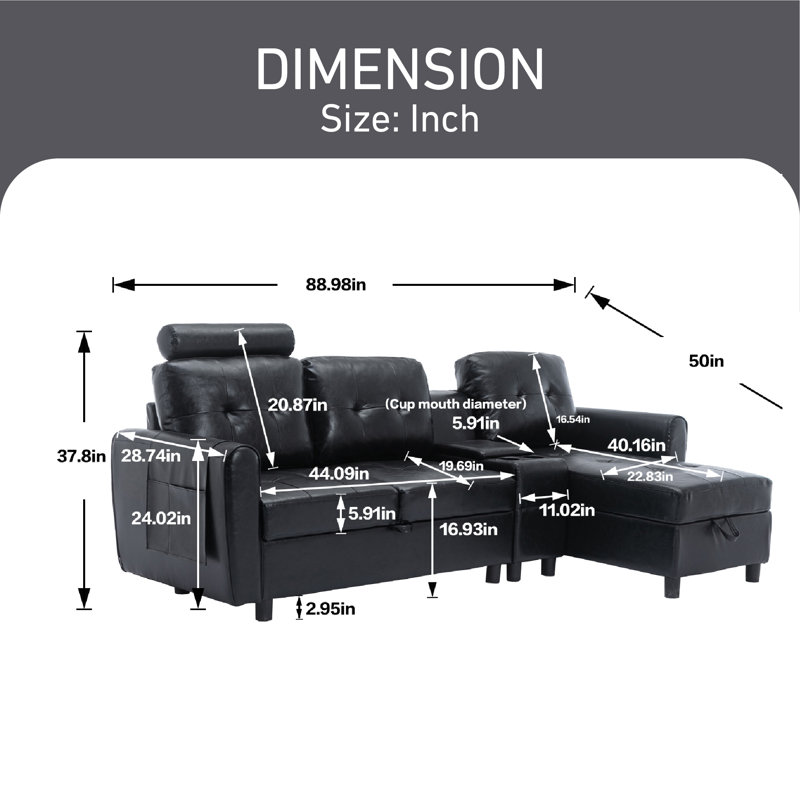 Upholstered L-Shaped Sectional Right Hand Facing, Black  Genuine Leather