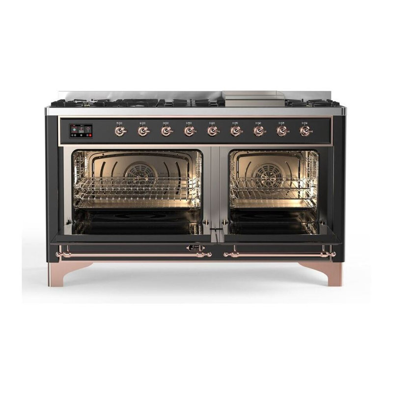 ILVE UM15FDQNS3BKCLP Majestic II 60 inch Dual Fuel Range with 9 Burners, Griddle (Liquid Propane, Solid Door, Glossy Black, Chrome)