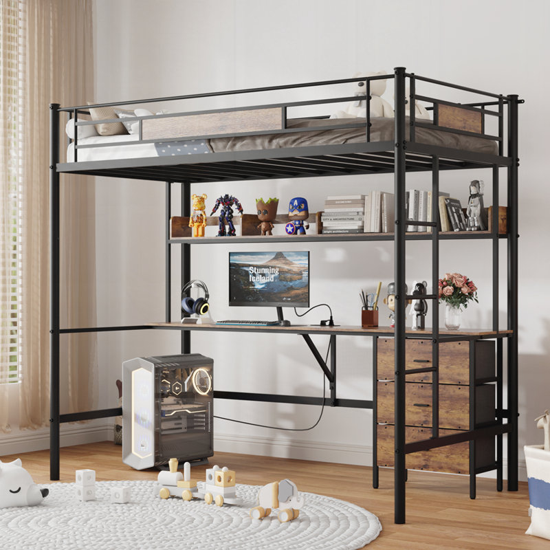 Loft Bed with L-Shaped Desk, Charging Station