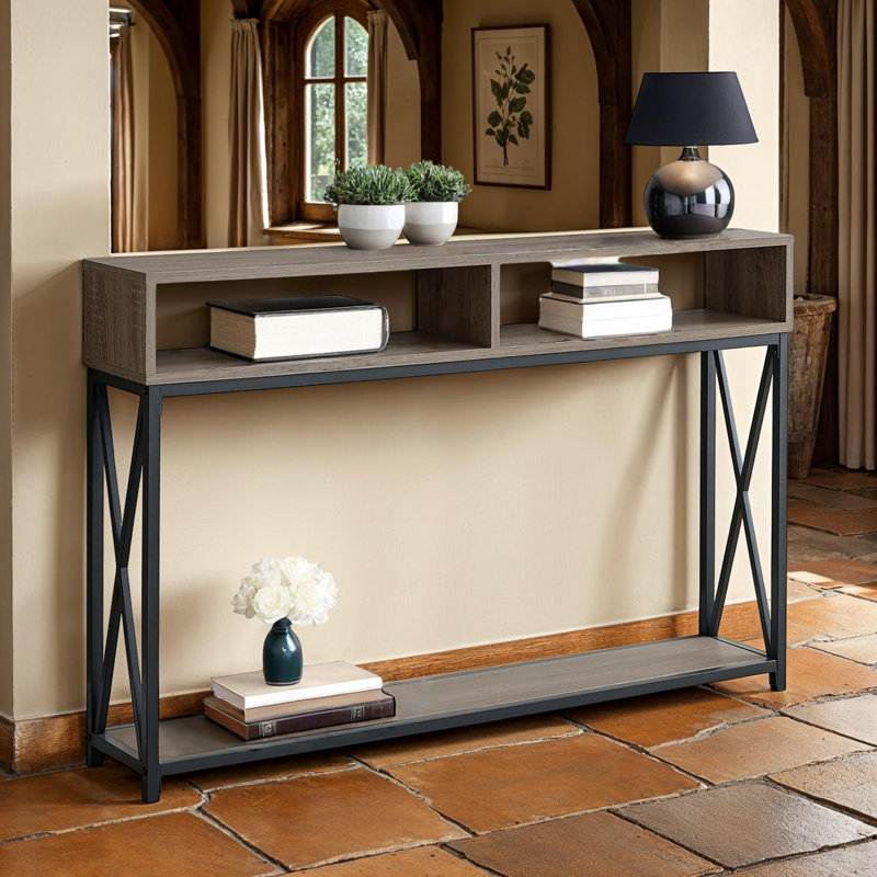 Afore Metal X Frame Console Table with Open Shelves, Brown